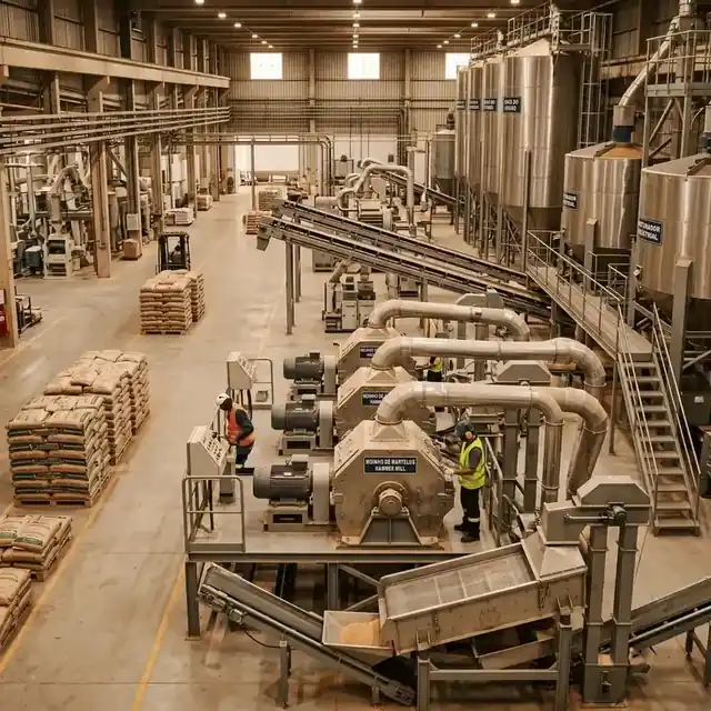 Interior de uma fábrica de ração